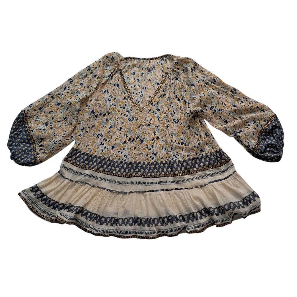 Free People Gardenia Tunic Top Women's Small Cream Blue Floral Embellished Boho‎